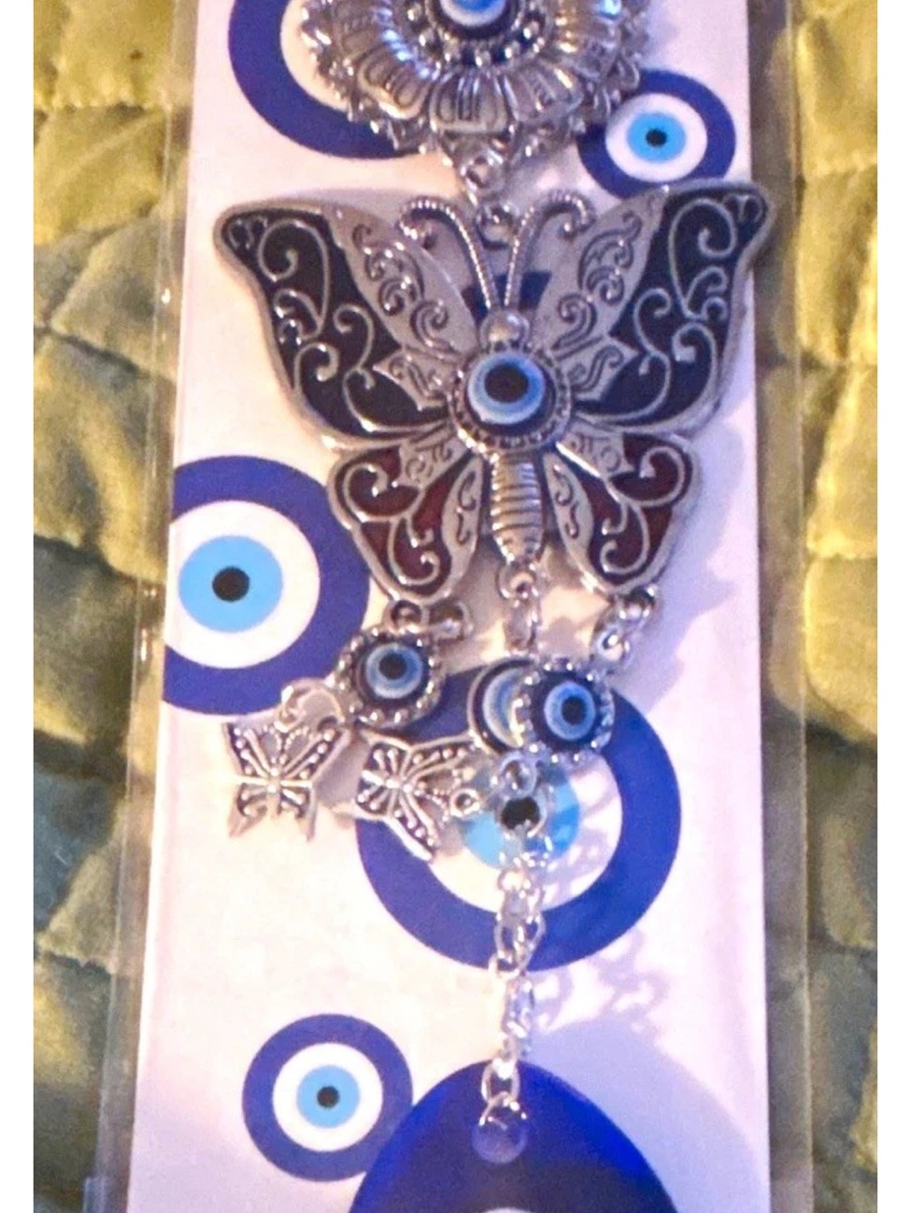 Silver Butterfly Evil Eye Pendant Necklace - Blue